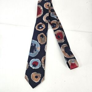 Vintage y2k 90s Bugle Boy Mens Tie Blue Tan Red Abstract Circles Pattern Skinny